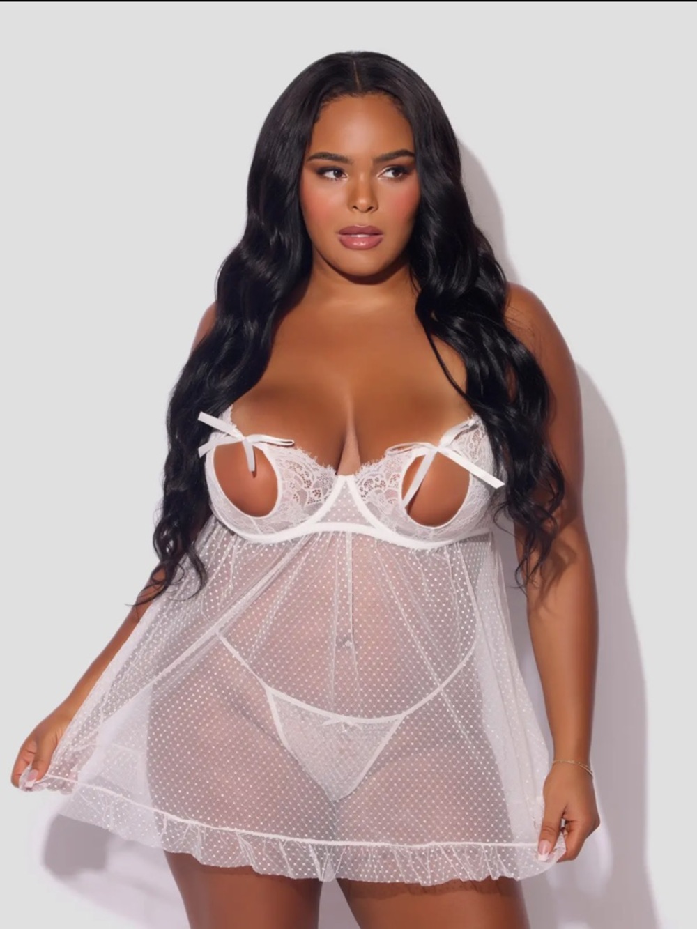 Bridal Sheer Dotted Lace Open-Bust Babydoll Nightdress - White- Plus available